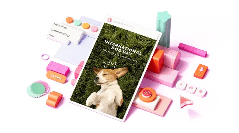 En design för internationella hunddagen, omgiven av 3D-element